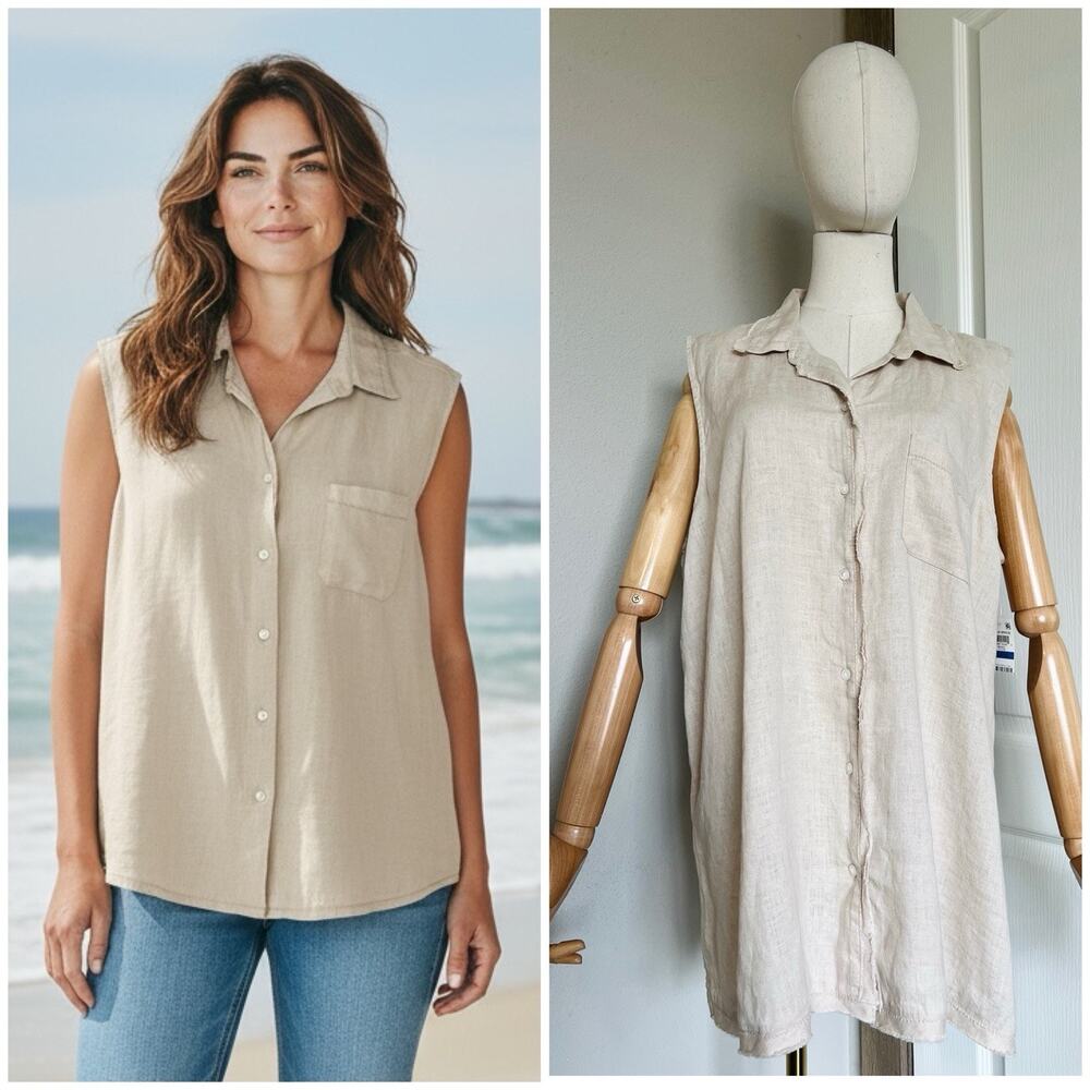 NWT Charter Club Sz XL 100% Linen Flax Beige Button-Down Shirt Neutral Versatile